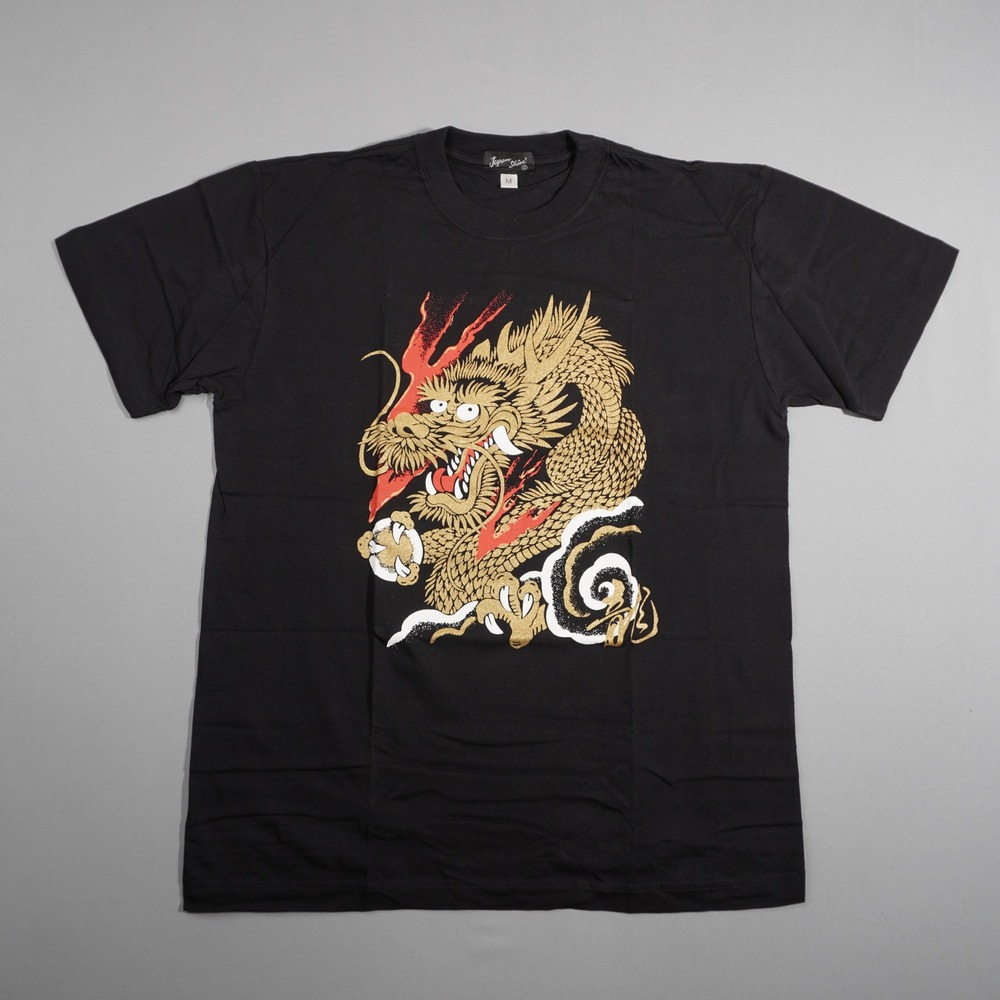Japan Shine Unisex Black and Gold Dragon T-Shirt M